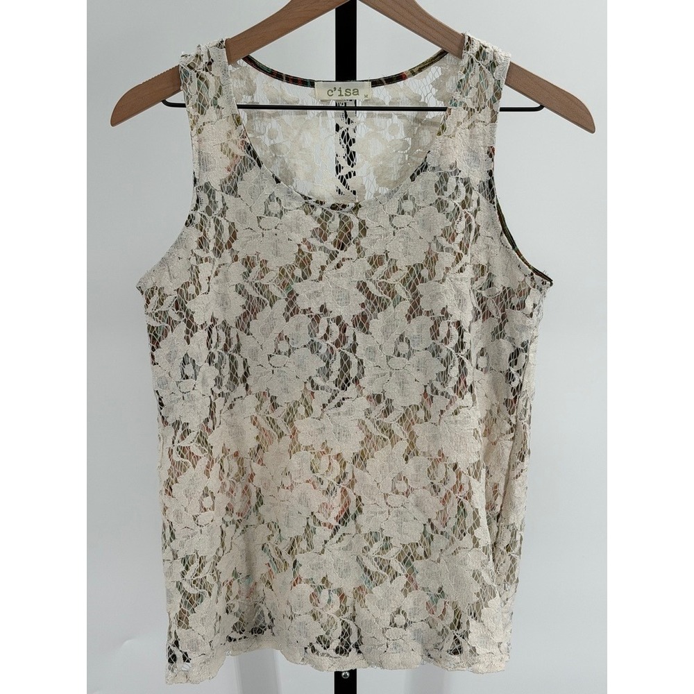 C'isa Sheer Floral Lace Blouse Sleeveless Boxy Cream Layering Top Feminine Boho